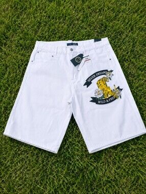 Maxi Milian white denim Skater Boy baggy long tiger embroidered shorts NWT sz 46